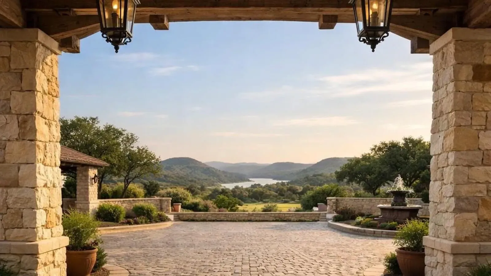 The view from under a porte-cochere looking out to the Texas Hill Country landscape