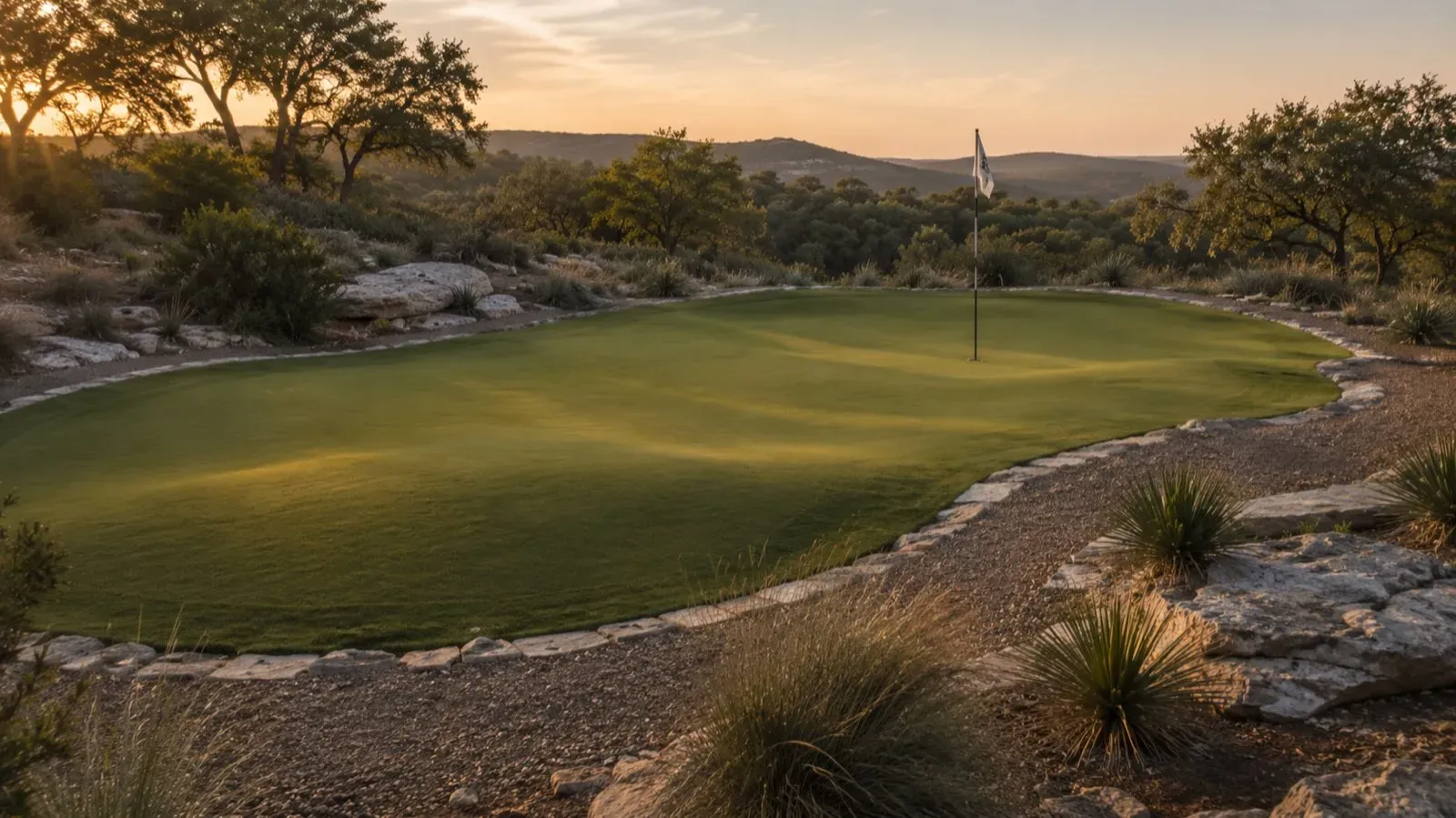 Contoured putting surface edged in decomposed granite on a Hill Country estate