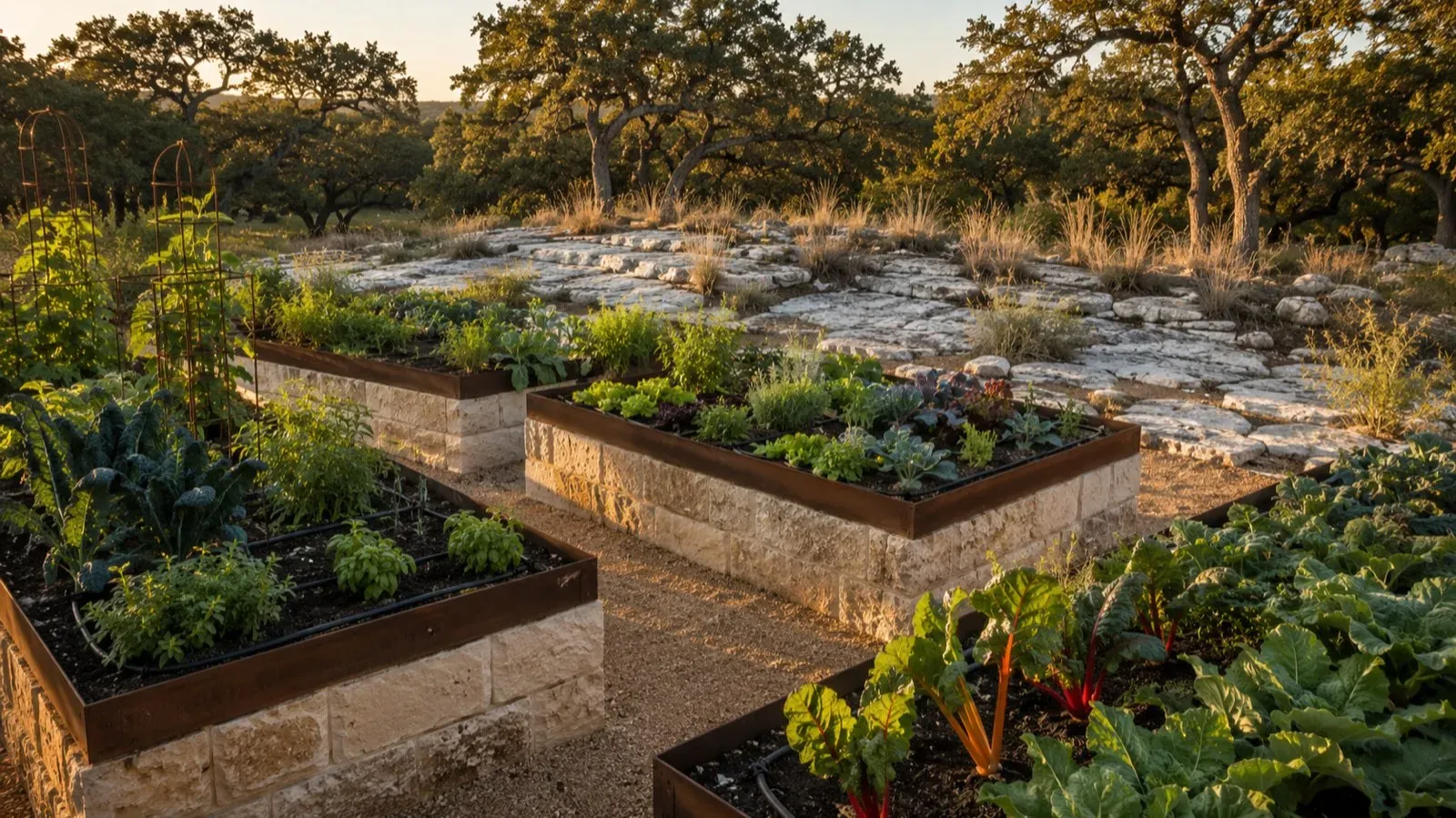Raised kitchen garden beds built over thin Hill Country soil and exposed limestone
