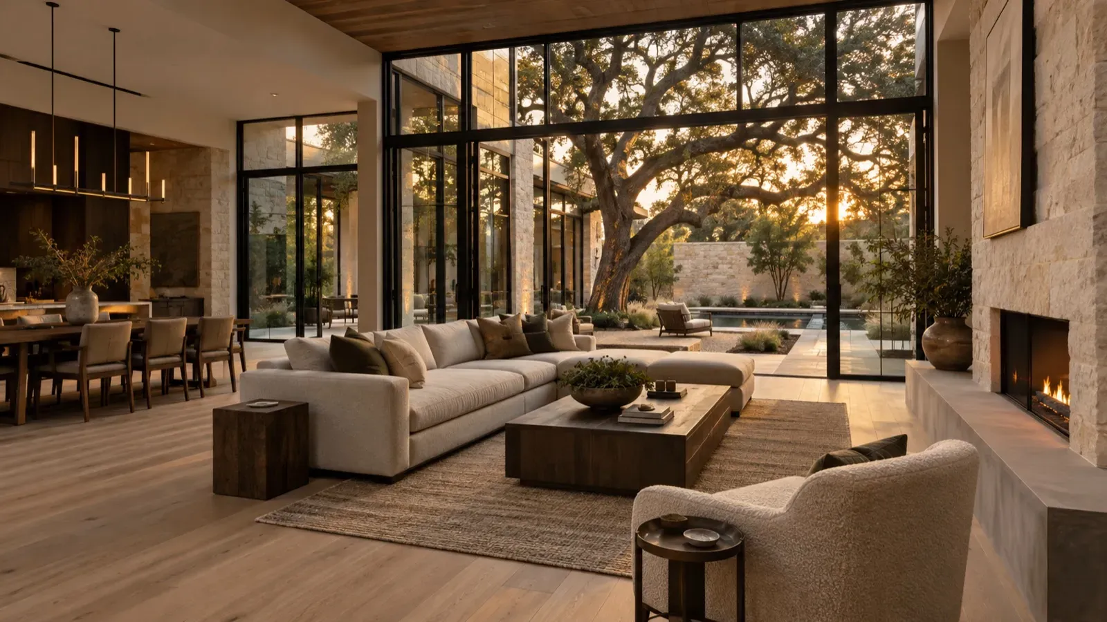 Great room of a rebuilt Austin estate opening to a courtyard and a preserved live oak