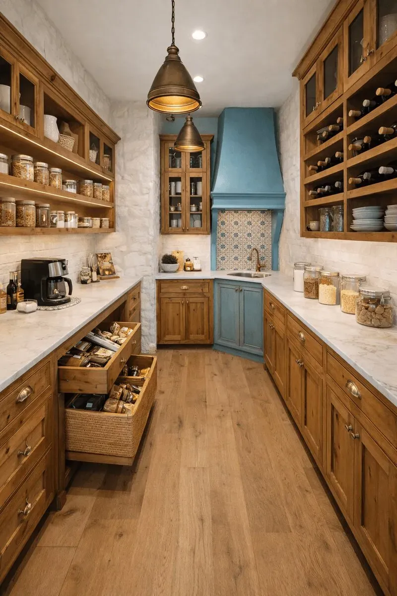 Rustic luxury pantry with wine storage, prep sink, open shelving, and custom cabinetry