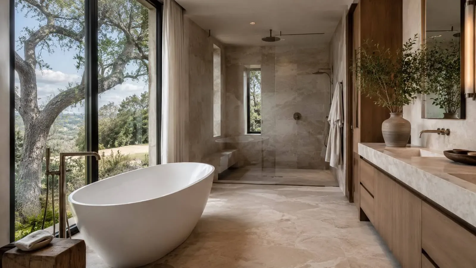 Spa-retreat primary bathroom with a freestanding tub and Hill Country view in a luxury Austin home