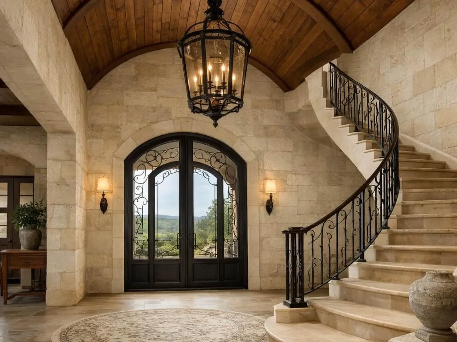 Barrel vault wood ceiling over the entry foyer and curved staircase of a luxury Hill Country home