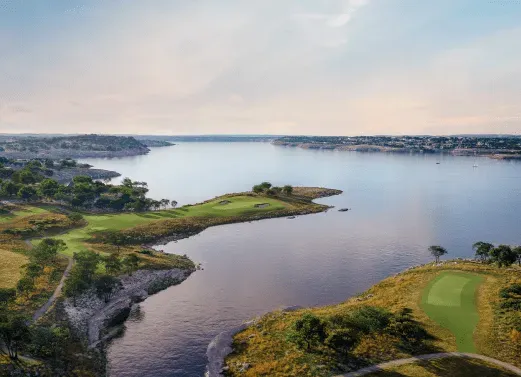 Aerial view of Lake Travis and golf course near Travis Club Austin