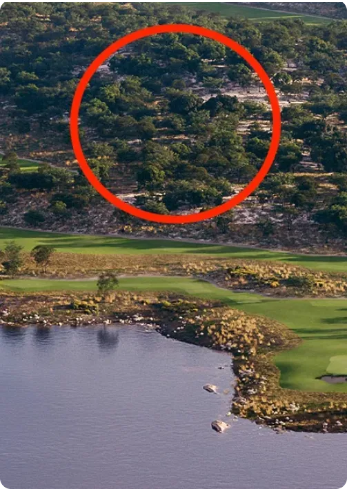 Aerial view of Travis Club Lot 74 lakefront property built by custom home builder Jenkins Design Build