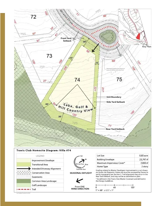 Travis Club Austin Lot 74 site plan showing lake golf and custom home builder options