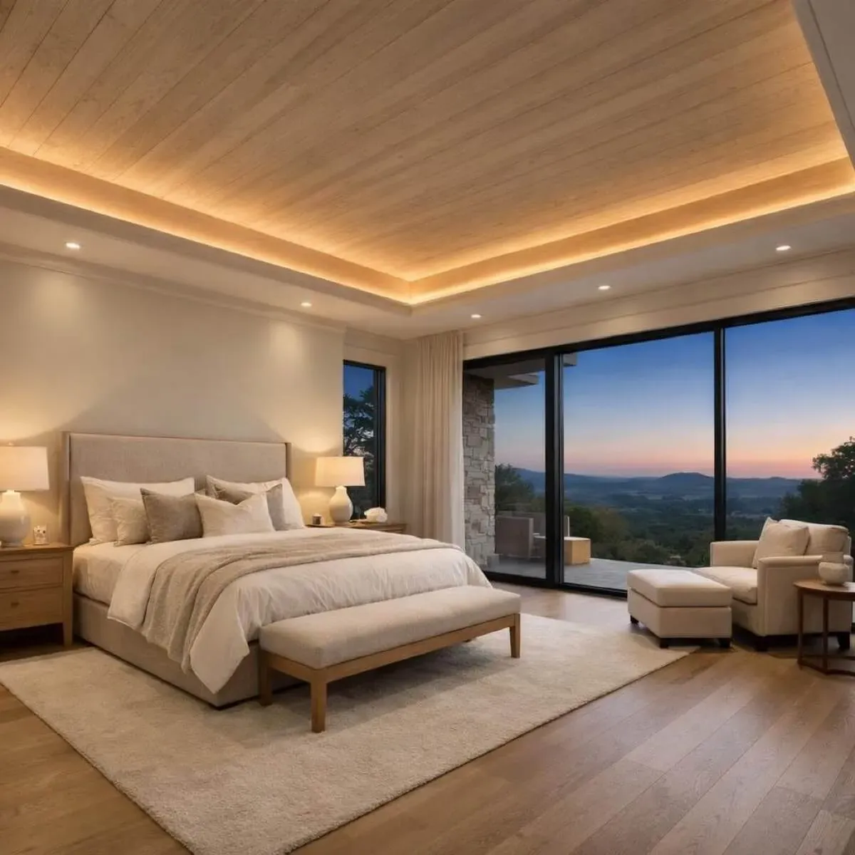 Wood-clad tray ceiling with warm cove lighting in a luxury primary suite overlooking the Hill Country