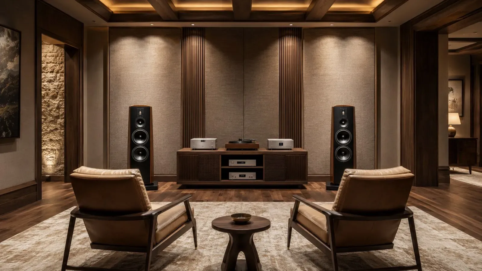 Two-channel listening room with symmetrical speaker placement and acoustic panels, no projection screen or theater seating.