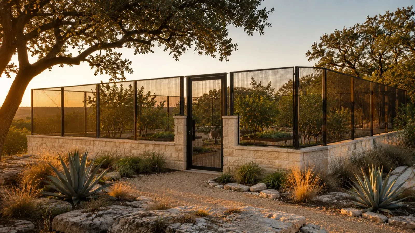 Walled kitchen garden with a tall deer exclusion enclosure on a Hill Country estate