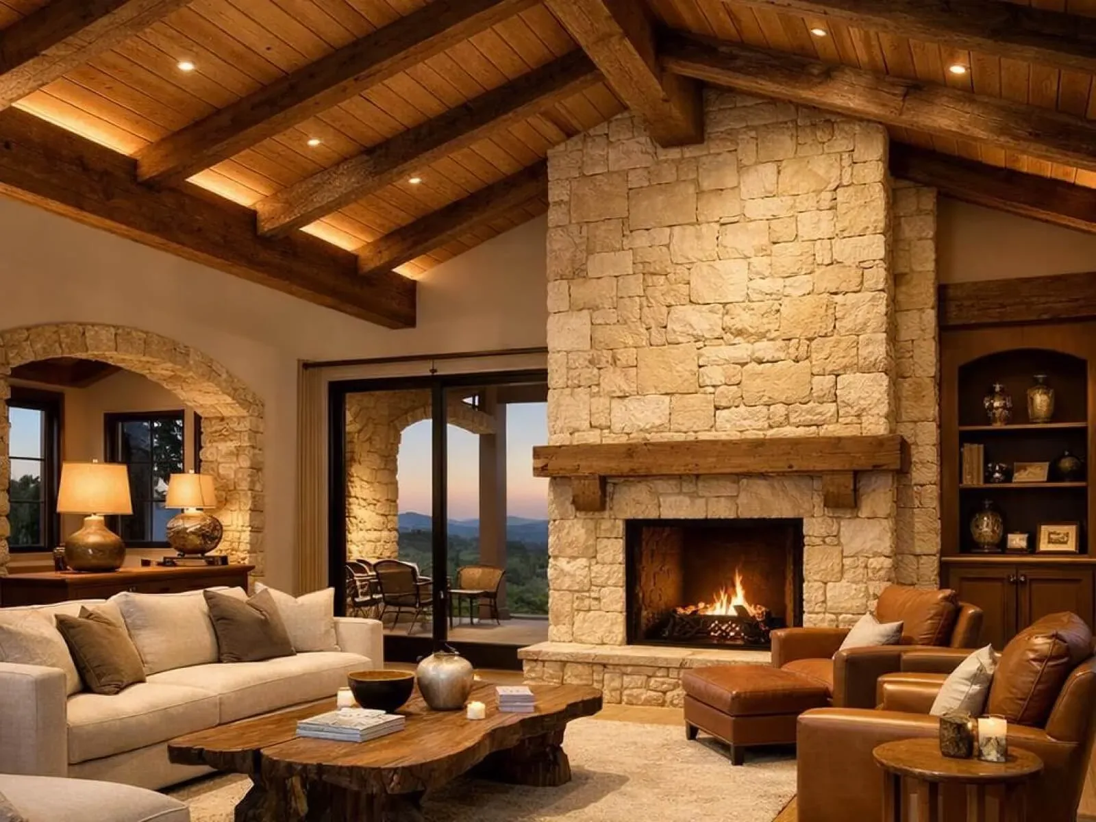Wood-clad plank ceiling with exposed beams and cove lighting in a Hill Country living room